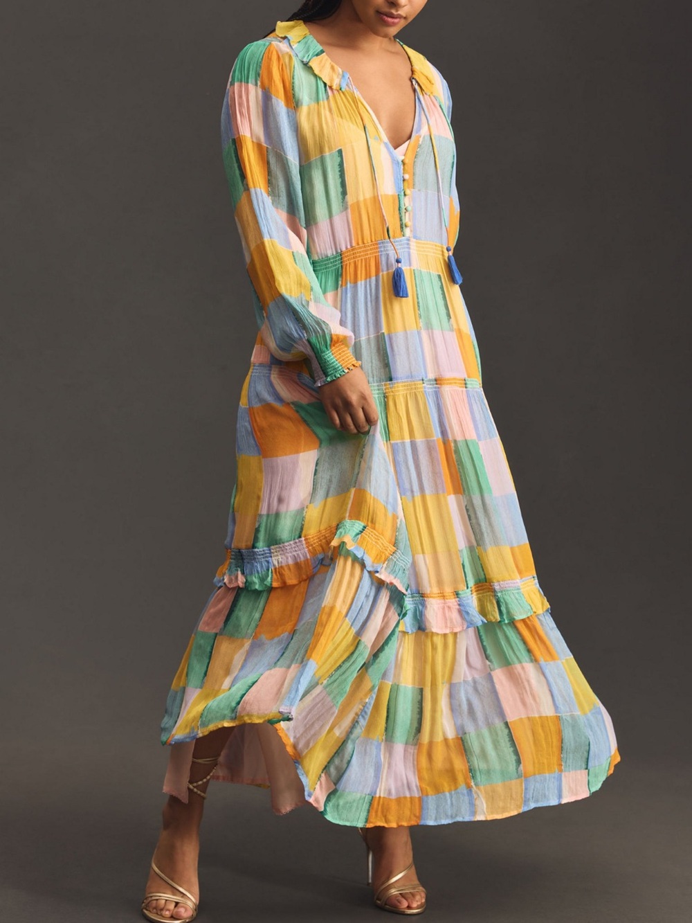 Anthropologie Marais Multicolor Pastel Check Maxi Dress
